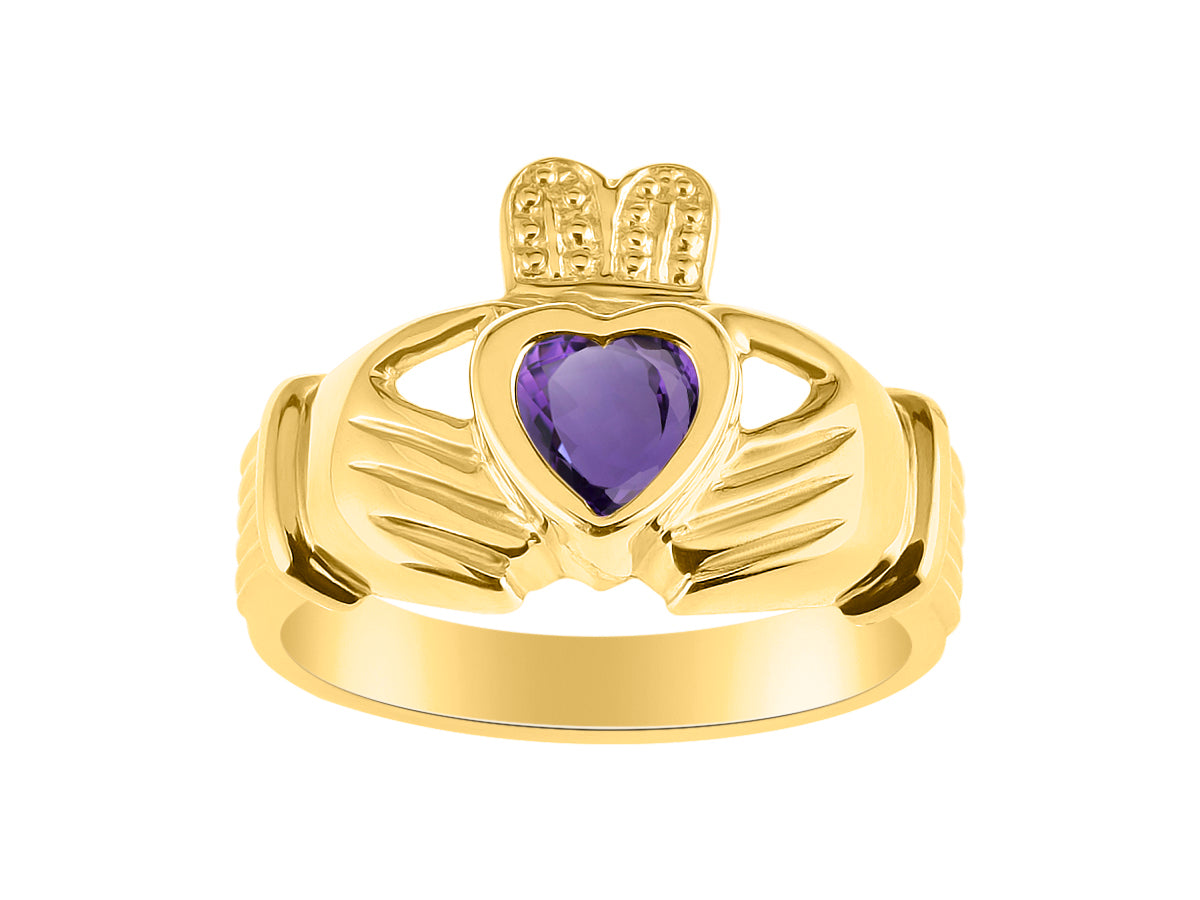 RYLOS Rings 14K Gold Plated Silver Claddah Love, Loyalty & Friendship Heart 6MM Gem Irish Wedding Band Claddagh Rings Birthstone Jewelry for Women Sterling Silver Rings for Women & Men Size 5 - 13