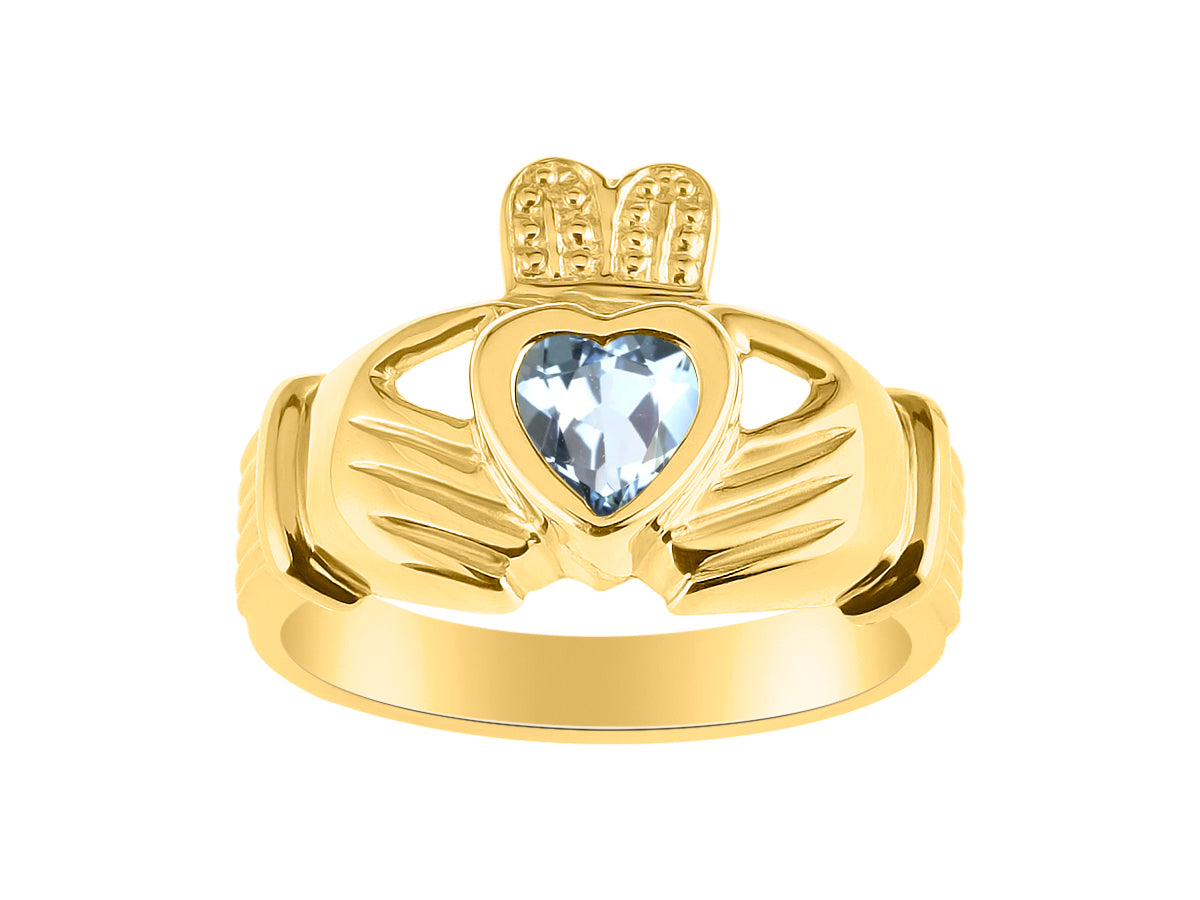 RYLOS Rings 14K Gold Plated Silver Claddah Love, Loyalty & Friendship Heart 6MM Gem Irish Wedding Band Claddagh Rings Birthstone Jewelry for Women Sterling Silver Rings for Women & Men Size 5 - 13