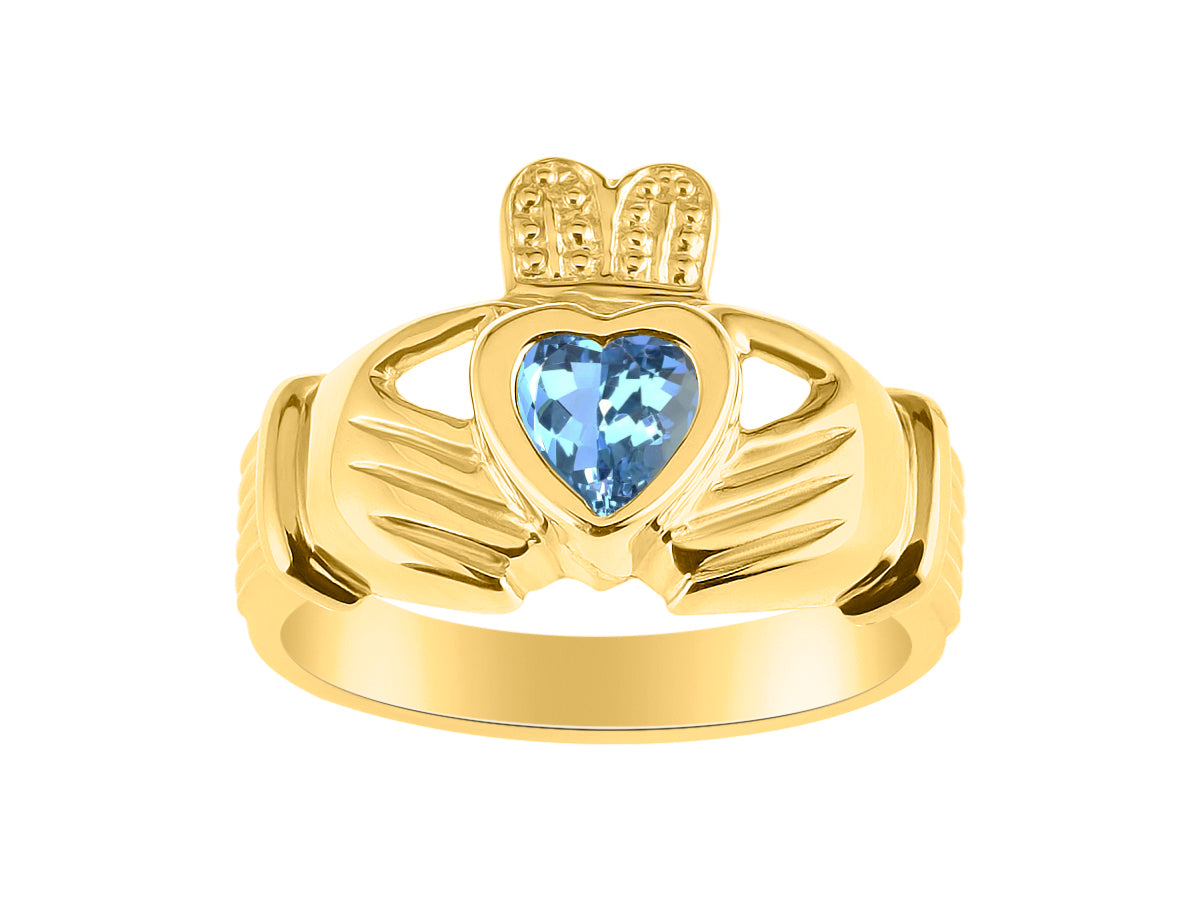 RYLOS Rings 14K Gold Plated Silver Claddah Love, Loyalty & Friendship Heart 6MM Gem Irish Wedding Band Claddagh Rings Birthstone Jewelry for Women Sterling Silver Rings for Women & Men Size 5 - 13