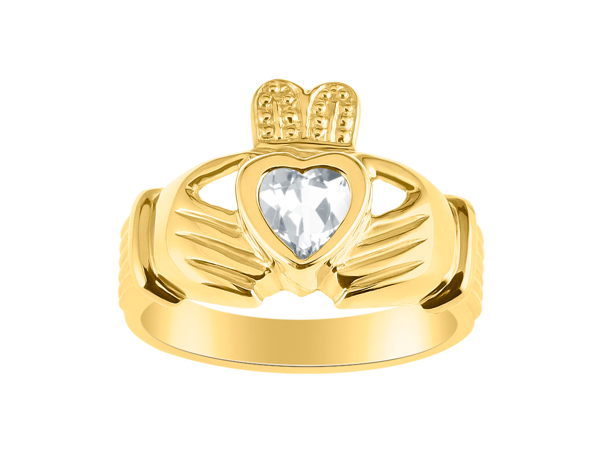 RYLOS Rings 14K Gold Plated Silver Claddah Love, Loyalty & Friendship Heart 6MM Gem Irish Wedding Band Claddagh Rings Birthstone Jewelry for Women Sterling Silver Rings for Women & Men Size 5 - 13