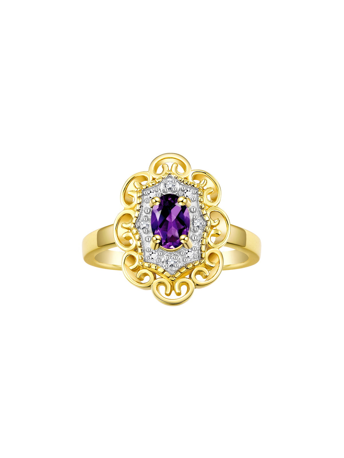 Rylos Floral Designer Ring with 6X4MM Oval Gemstone & Sparkling Diamonds in Yellow Gold Plated Silver- Birthstone Jewelry for Women - Available in Sizes 5 to 10 Embrace Elegance!