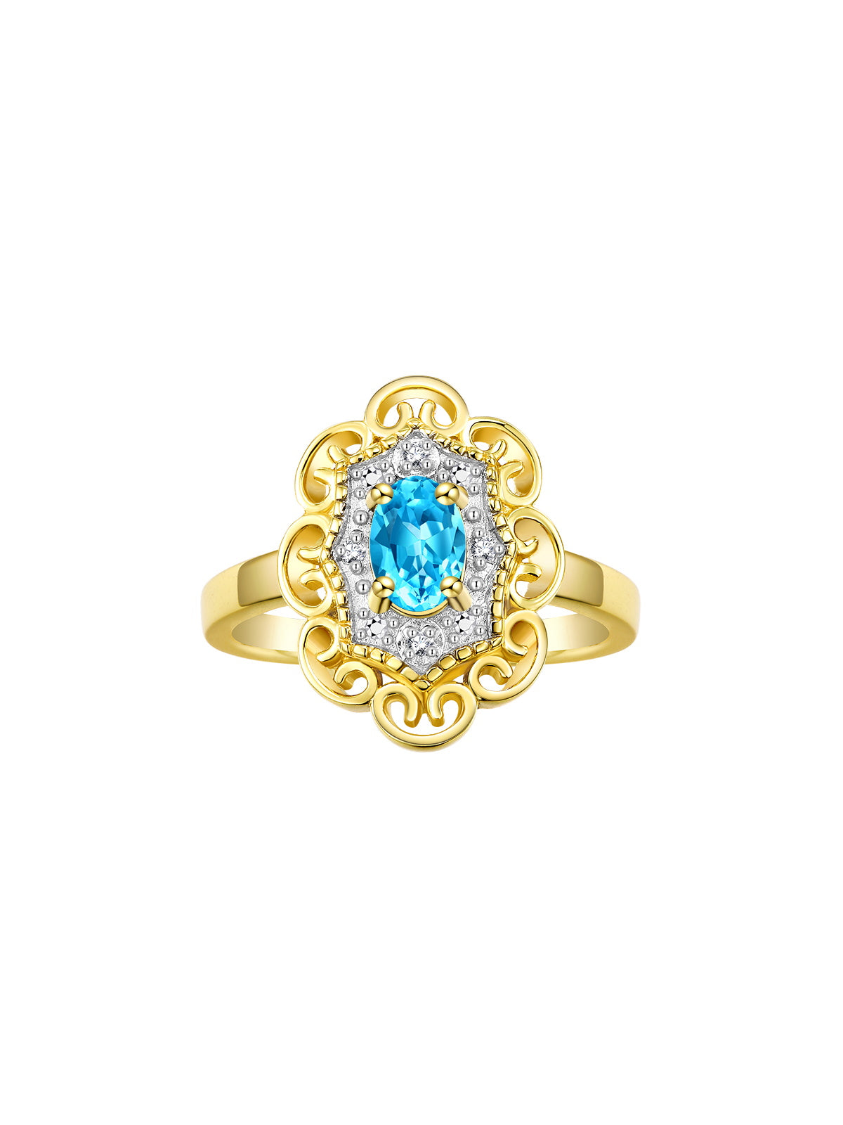 Rylos Floral Designer Ring with 6X4MM Oval Gemstone & Sparkling Diamonds in Yellow Gold Plated Silver- Birthstone Jewelry for Women - Available in Sizes 5 to 10 Embrace Elegance!
