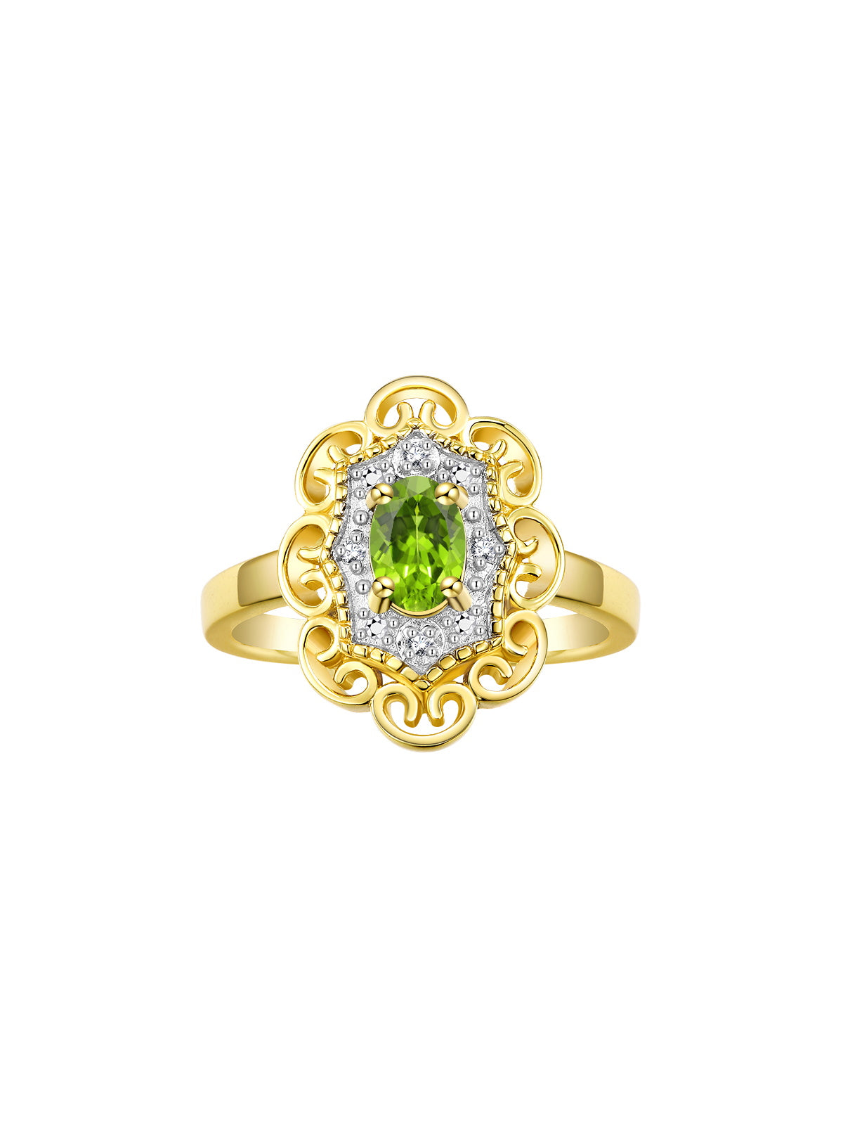 Rylos Floral Designer Ring with 6X4MM Oval Gemstone & Sparkling Diamonds in Yellow Gold Plated Silver- Birthstone Jewelry for Women - Available in Sizes 5 to 10 Embrace Elegance!
