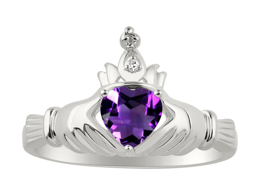 RYLOS 14K White Gold Claddagh Love, Loyalty & Friendship Ring with Heart 6MM Gemstone & Diamond Accent - Exquisite Claddagh Rings Birthstone Jewelry for Women - Available in Sizes 5-13