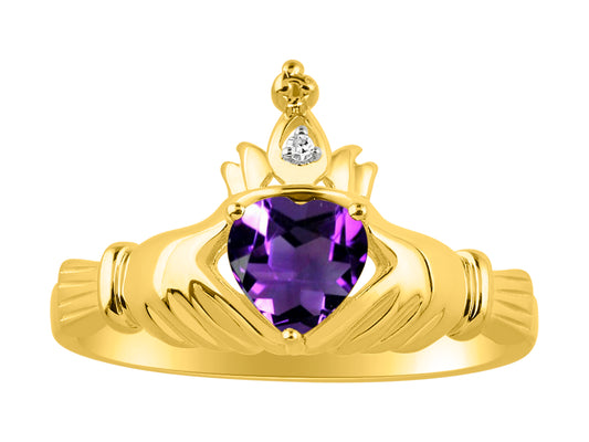 RYLOS Rings for Women Gold Plated Silver Claddah Love, Loyalty & Friendship Ring Heart 6MM Gemstone & Diamond Claddagh Rings Birthstone Jewelry for Women Sterling Silver Rings Size 5 - 13