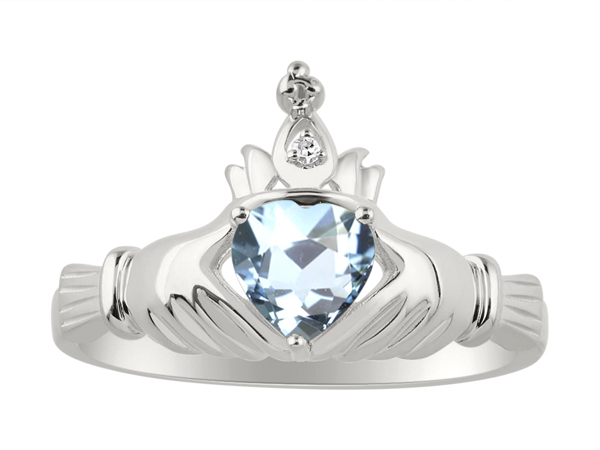 RYLOS Rings for Women Sterling Silver Claddah Love, Loyalty & Friendship Ring Heart 6MM Gemstone & Diamond Claddagh Rings Birthstone Jewelry for Women Sterling Silver Rings for Women Size 5 - 13