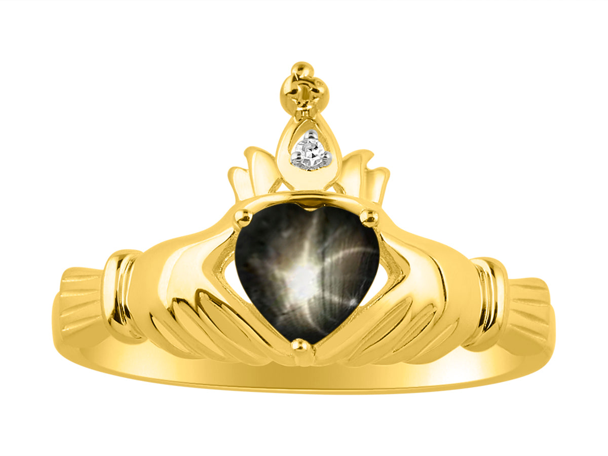 RYLOS 14K Yellow Gold Claddagh Love, Loyalty & Friendship Ring with Heart 6MM Gemstone & Diamond Accent - Exquisite Claddagh Rings Birthstone Jewelry for Women - Available in Sizes 5-13