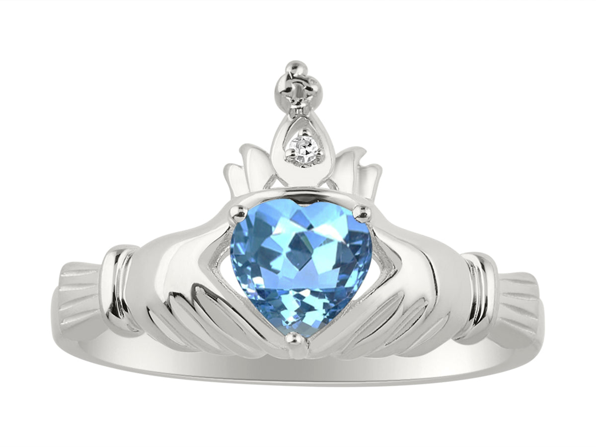 RYLOS 14K White Gold Claddagh Love, Loyalty & Friendship Ring with Heart 6MM Gemstone & Diamond Accent - Exquisite Claddagh Rings Birthstone Jewelry for Women - Available in Sizes 5-13
