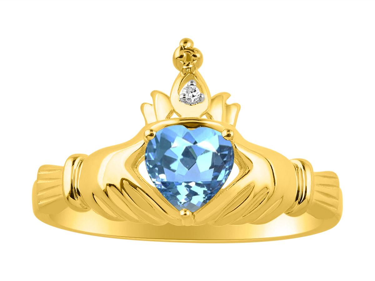 RYLOS 14K Yellow Gold Claddagh Love, Loyalty & Friendship Ring with Heart 6MM Gemstone & Diamond Accent - Exquisite Claddagh Rings Birthstone Jewelry for Women - Available in Sizes 5-13