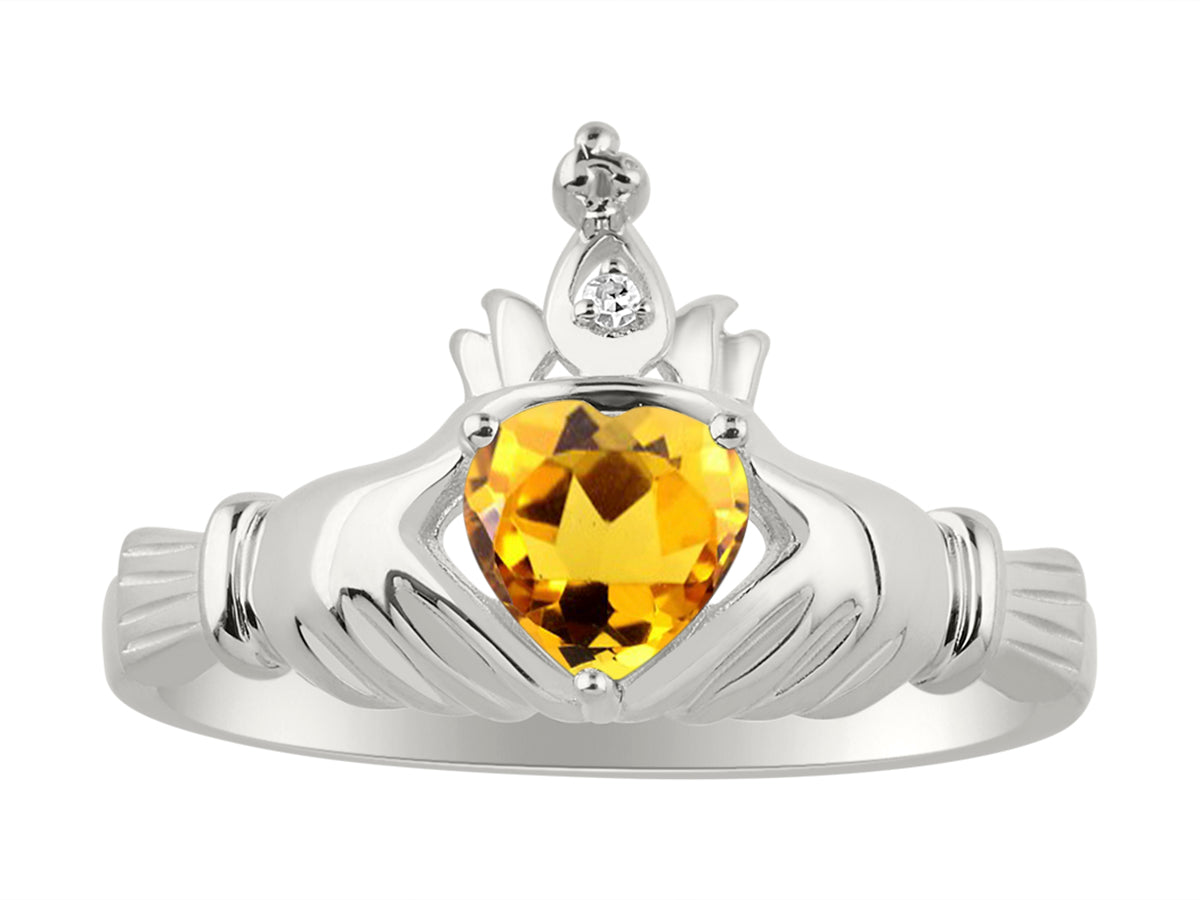 RYLOS 14K White Gold Claddagh Love, Loyalty & Friendship Ring with Heart 6MM Gemstone & Diamond Accent - Exquisite Claddagh Rings Birthstone Jewelry for Women - Available in Sizes 5-13