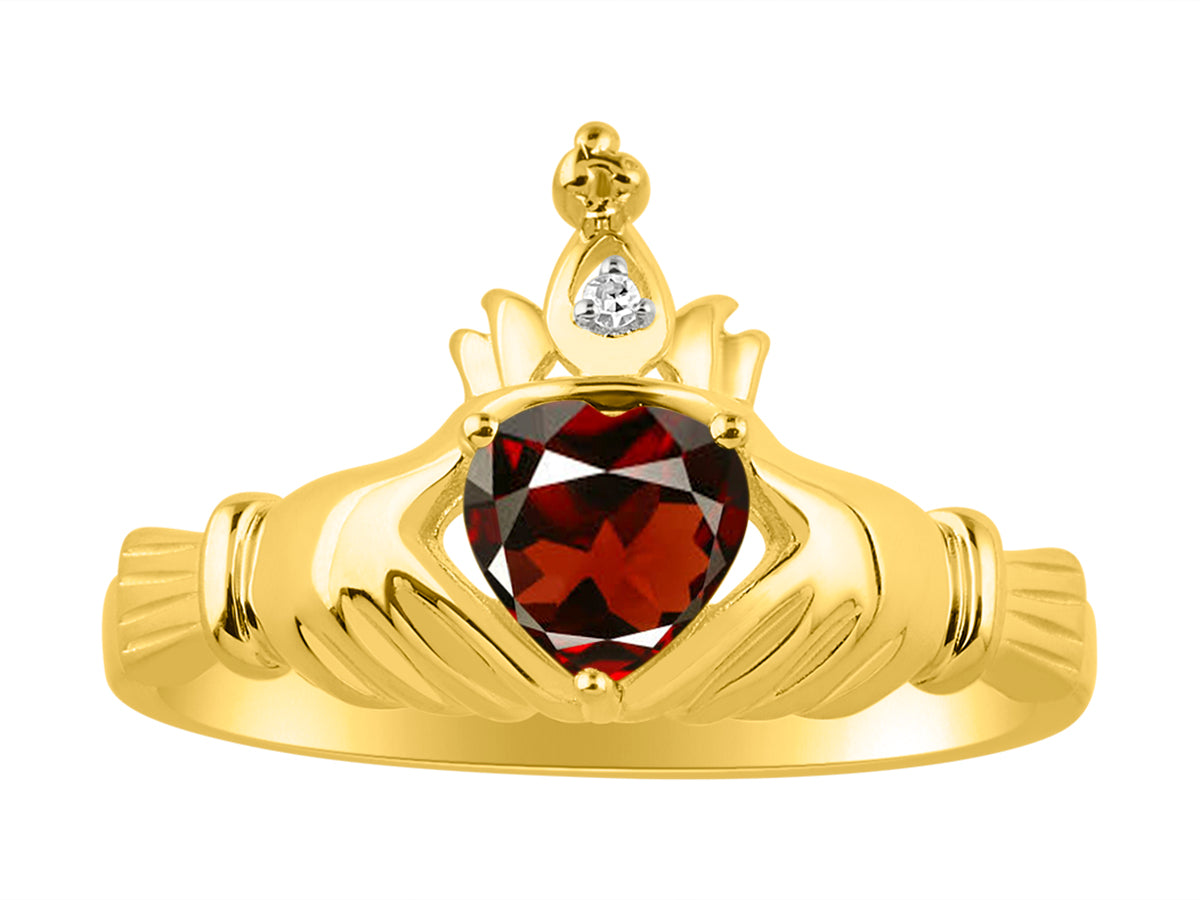 RYLOS Rings for Women Gold Plated Silver Claddah Love, Loyalty & Friendship Ring Heart 6MM Gemstone & Diamond Claddagh Rings Birthstone Jewelry for Women Sterling Silver Rings Size 5 - 13