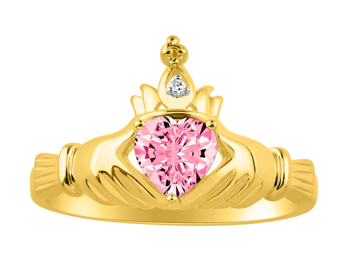 RYLOS 14K Yellow Gold Claddagh Love, Loyalty & Friendship Ring with Heart 6MM Gemstone & Diamond Accent - Exquisite Claddagh Rings Birthstone Jewelry for Women - Available in Sizes 5-13