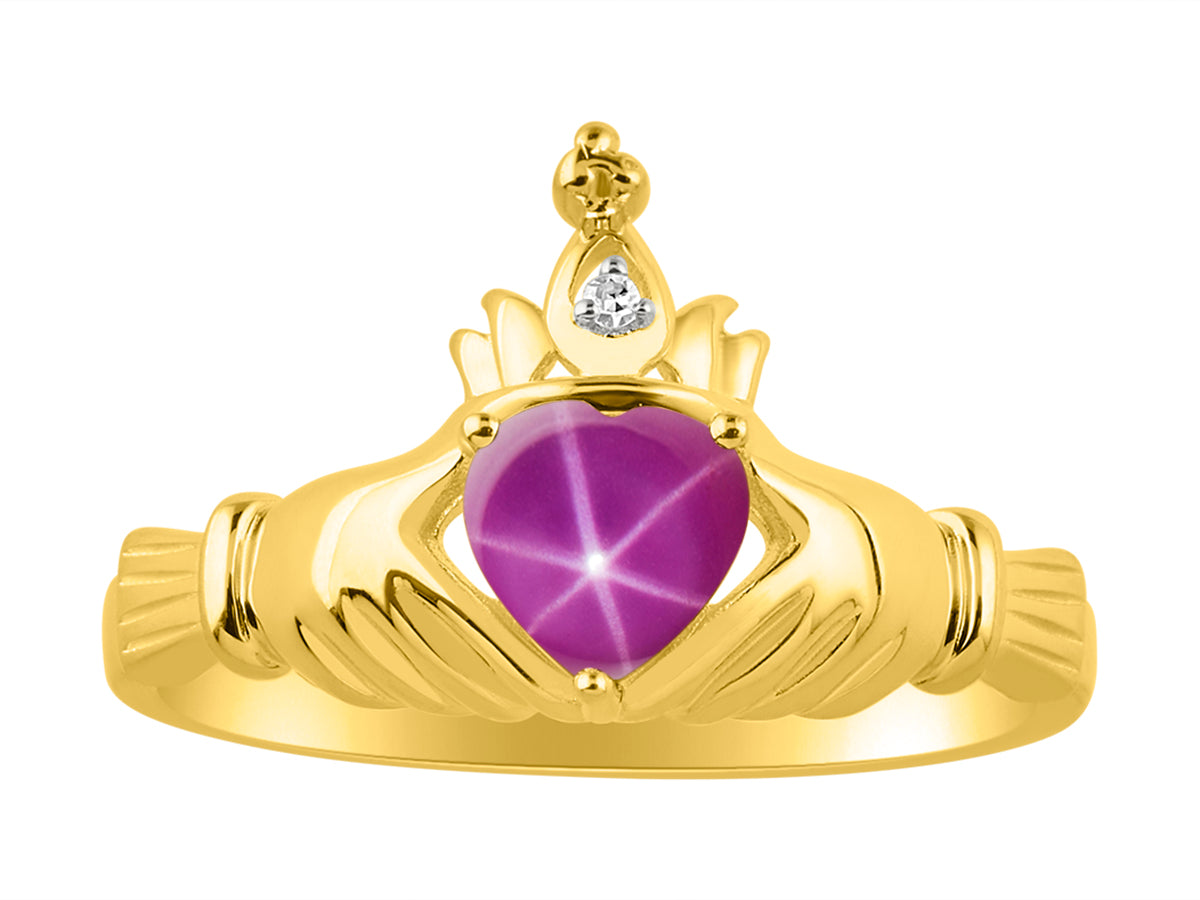 RYLOS 14K Yellow Gold Claddagh Love, Loyalty & Friendship Ring with Heart 6MM Gemstone & Diamond Accent - Exquisite Claddagh Rings Birthstone Jewelry for Women - Available in Sizes 5-13