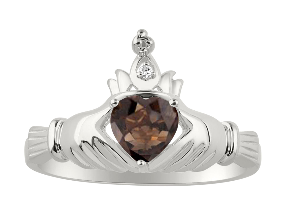 RYLOS 14K White Gold Claddagh Love, Loyalty & Friendship Ring with Heart 6MM Gemstone & Diamond Accent - Exquisite Claddagh Rings Birthstone Jewelry for Women - Available in Sizes 5-13