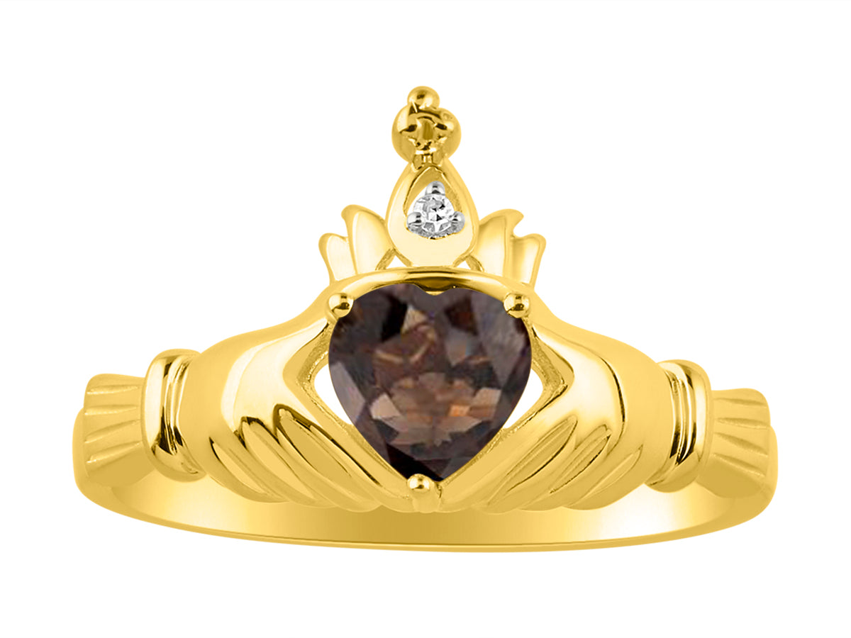 RYLOS 14K Yellow Gold Claddagh Love, Loyalty & Friendship Ring with Heart 6MM Gemstone & Diamond Accent - Exquisite Claddagh Rings Birthstone Jewelry for Women - Available in Sizes 5-13