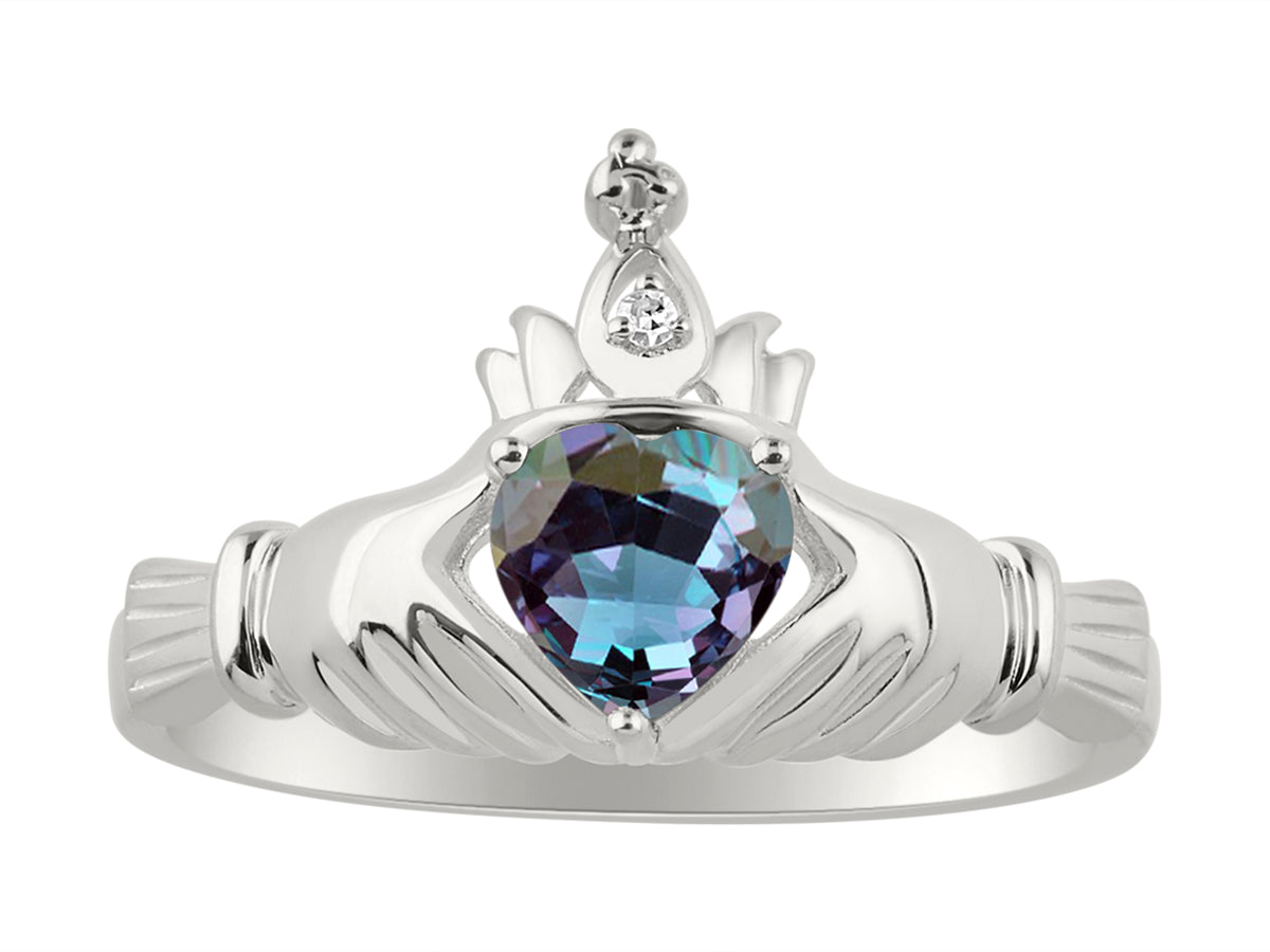 RYLOS 14K White Gold Claddagh Love, Loyalty & Friendship Ring with Heart 6MM Gemstone & Diamond Accent - Exquisite Claddagh Rings Birthstone Jewelry for Women - Available in Sizes 5-13