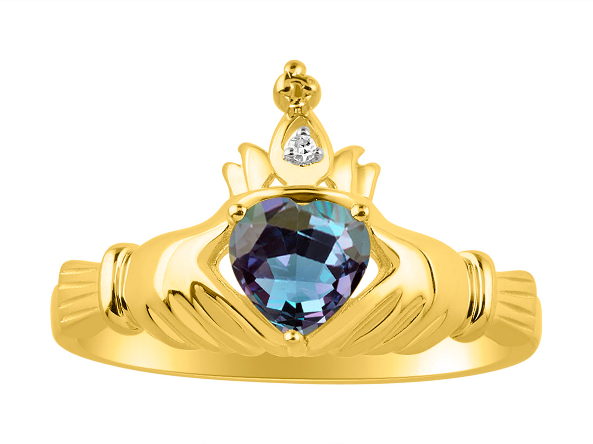 RYLOS Rings for Women Gold Plated Silver Claddah Love, Loyalty & Friendship Ring Heart 6MM Gemstone & Diamond Claddagh Rings Birthstone Jewelry for Women Sterling Silver Rings Size 5 - 13