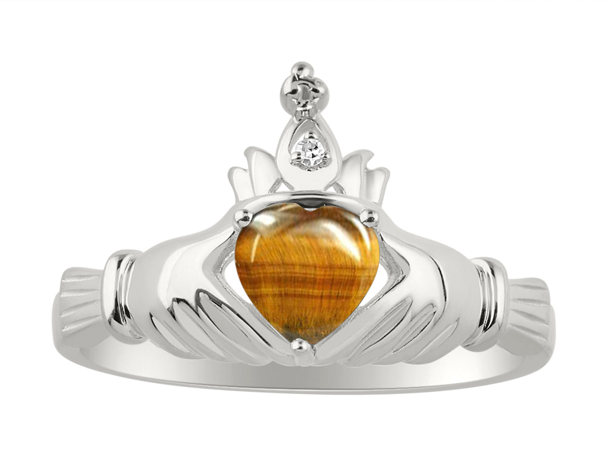 RYLOS 14K White Gold Claddagh Love, Loyalty & Friendship Ring with Heart 6MM Gemstone & Diamond Accent - Exquisite Claddagh Rings Birthstone Jewelry for Women - Available in Sizes 5-13