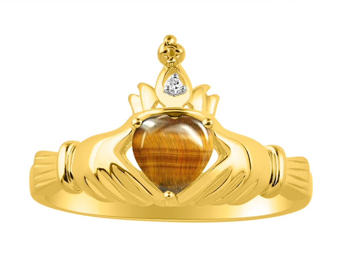 RYLOS Rings for Women Gold Plated Silver Claddah Love, Loyalty & Friendship Ring Heart 6MM Gemstone & Diamond Claddagh Rings Birthstone Jewelry for Women Sterling Silver Rings Size 5 - 13