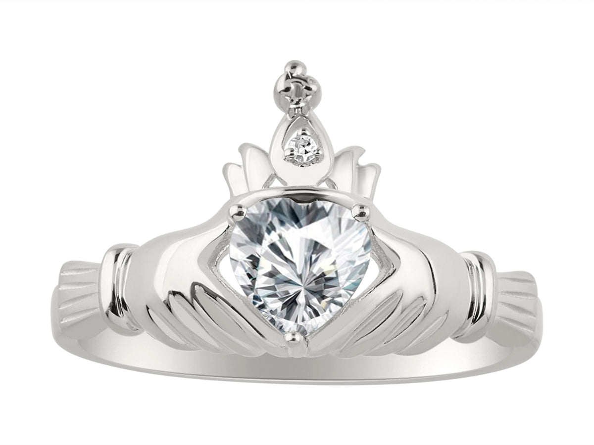 RYLOS 14K White Gold Claddagh Love, Loyalty & Friendship Ring with Heart 6MM Gemstone & Diamond Accent - Exquisite Claddagh Rings Birthstone Jewelry for Women - Available in Sizes 5-13