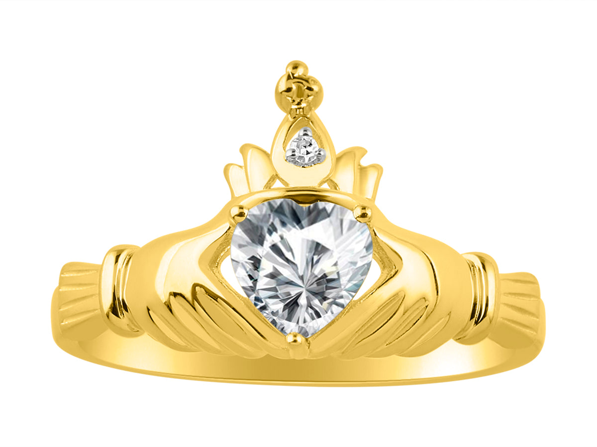 RYLOS 14K Yellow Gold Claddagh Love, Loyalty & Friendship Ring with Heart 6MM Gemstone & Diamond Accent - Exquisite Claddagh Rings Birthstone Jewelry for Women - Available in Sizes 5-13