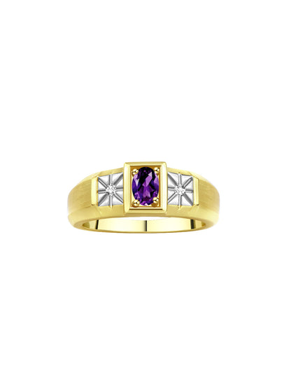 RYLOS Men's Yellow Gold Plated Silver Classic Ring: 6X4MM Oval Gemstone & Sparkling Diamond Accent - Birthstone Rings for Men - Available in Sizes 8-13.