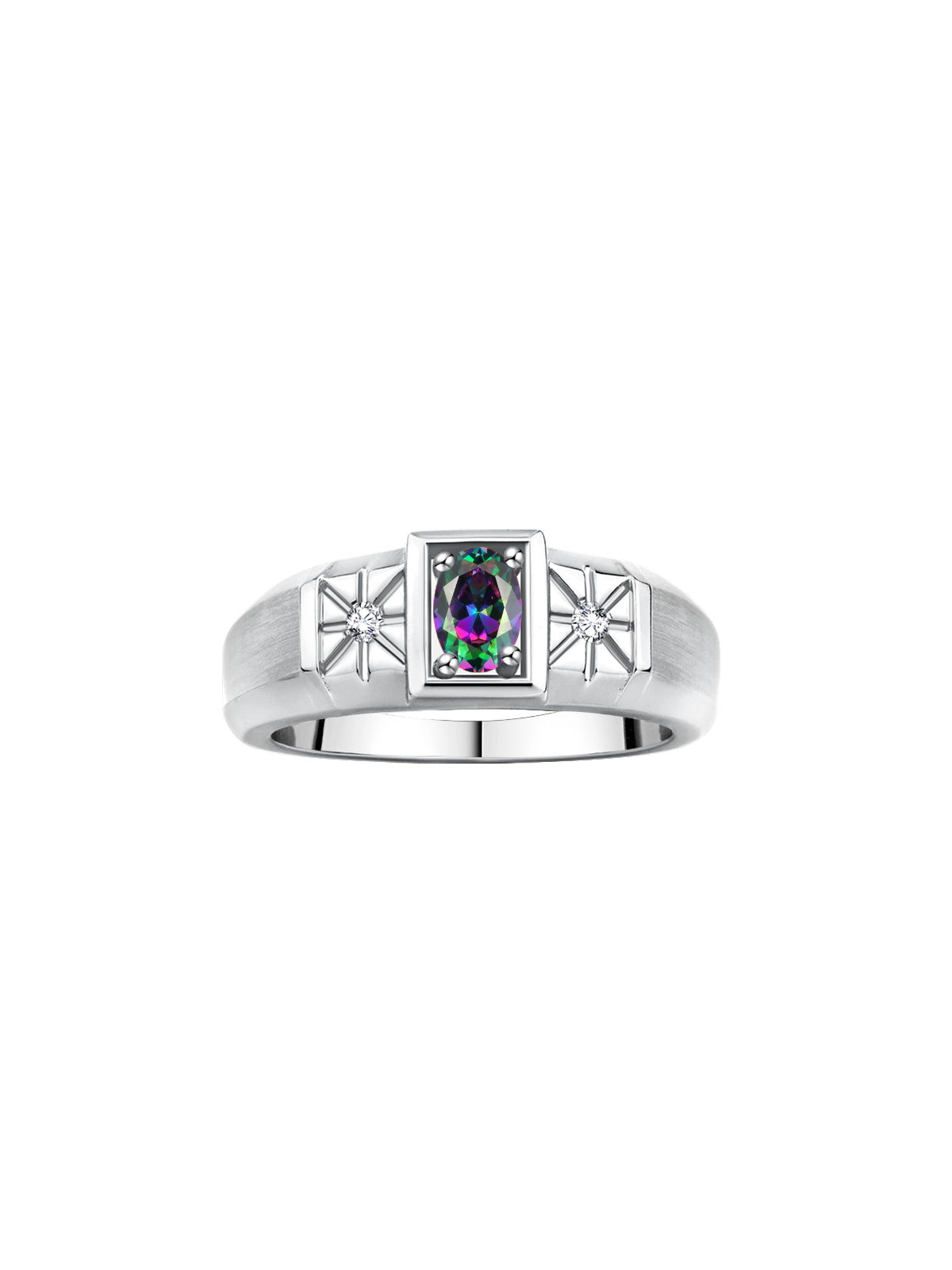 RYLOS Men's Classic 14K White Gold Designer Ring: 6X4MM Oval Gemstone & Sparkling Diamond Accent - Birthstone Rings for Men - Available in Sizes 8-13.