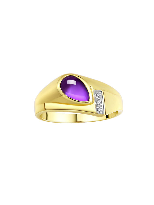RYLOS Men's Rings 14K Yellow Gold Ring - Timeless Pear Shape Cabochone Gemstone & Diamonds - Tear Drop Cabochon AMETHYST Rings For Men Size 8