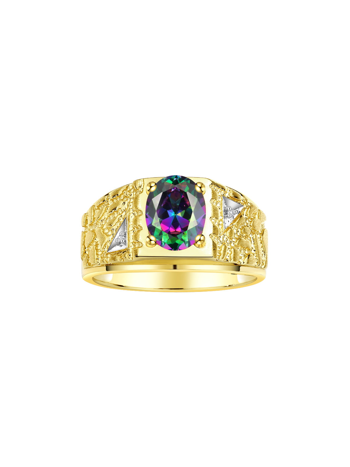 RYLOS Men's Rings Designer Nugget Ring: Oval 9X7MM Gemstone & Sparkling Diamonds - Color Stone Birthstone Rings for Men, Yellow Gold Plated Silver Rings in Sizes 8-13. Mens Jewelry