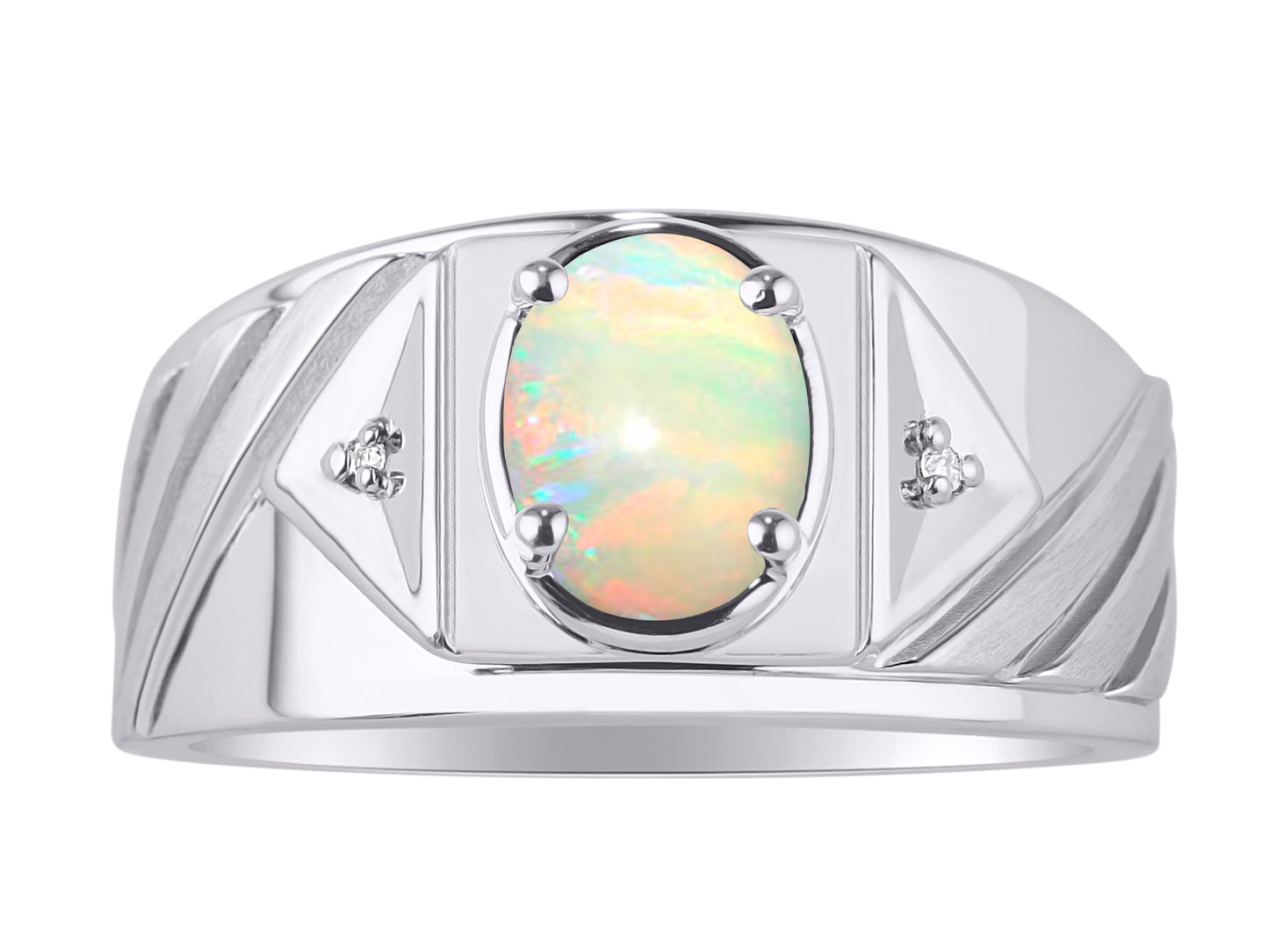 RYLOS Men's 14K White Gold Designer Rings - Classic Style with 8x6MM Oval Gemstone & Diamond Accents - Birthstone Rings in Sizes 8-13