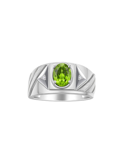 RYLOS Men's 14K White Gold Designer Rings - Classic Style with 8x6MM Oval Gemstone & Diamond Accents - Birthstone Rings in Sizes 8-13