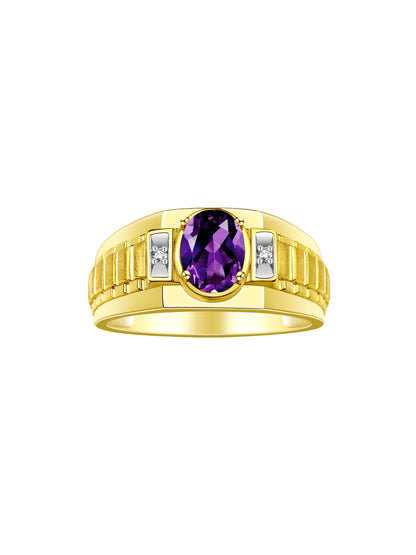 RYLOS Men's Yellow Gold Plated Silver Designer Rings - Classic Style with 8x6MM Oval Gemstone & Diamond Accents - Birthstone Rings in Sizes 8-13