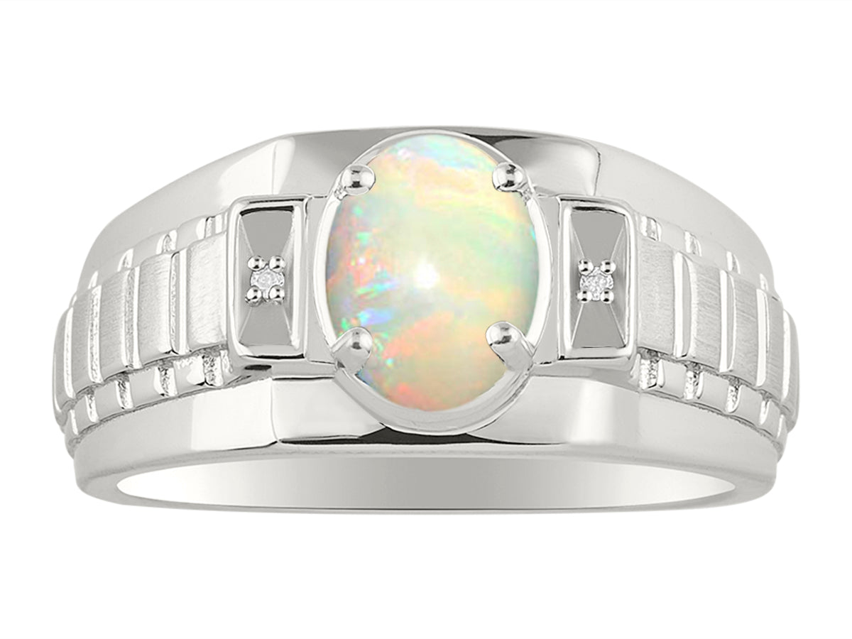 RYLOS Men's 14K White Gold Designer Rings - Classic Style with 8x6MM Oval Gemstone & Diamond Accents - Birthstone Rings in Sizes 8-13