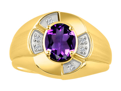 RYLOS Yellow Gold Plated Silver Men's & or Ladies Ring with 8X6MM Oval Gemstone & Diamonds - Unisex Color Stone Birthstone Ring Sizes 7-13