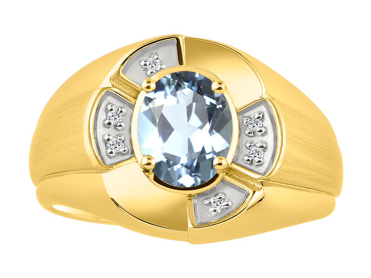 RYLOS Yellow Gold Plated Silver Men's & or Ladies Ring with 8X6MM Oval Gemstone & Diamonds - Unisex Color Stone Birthstone Ring Sizes 7-13