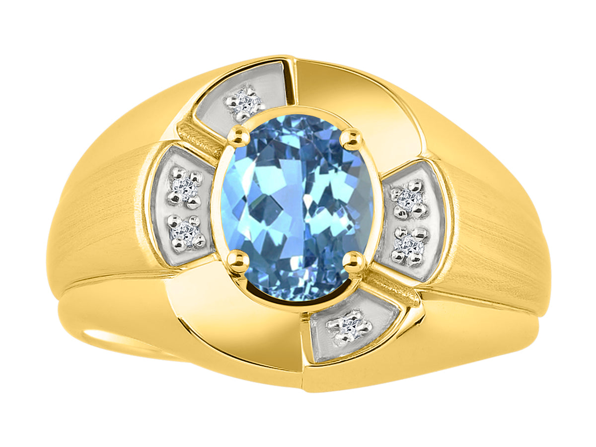 RYLOS Yellow Gold Plated Silver Men's & or Ladies Ring with 8X6MM Oval Gemstone & Diamonds - Unisex Color Stone Birthstone Ring Sizes 7-13