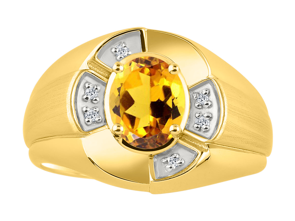 RYLOS Yellow Gold Plated Silver Men's & or Ladies Ring with 8X6MM Oval Gemstone & Diamonds - Unisex Color Stone Birthstone Ring Sizes 7-13