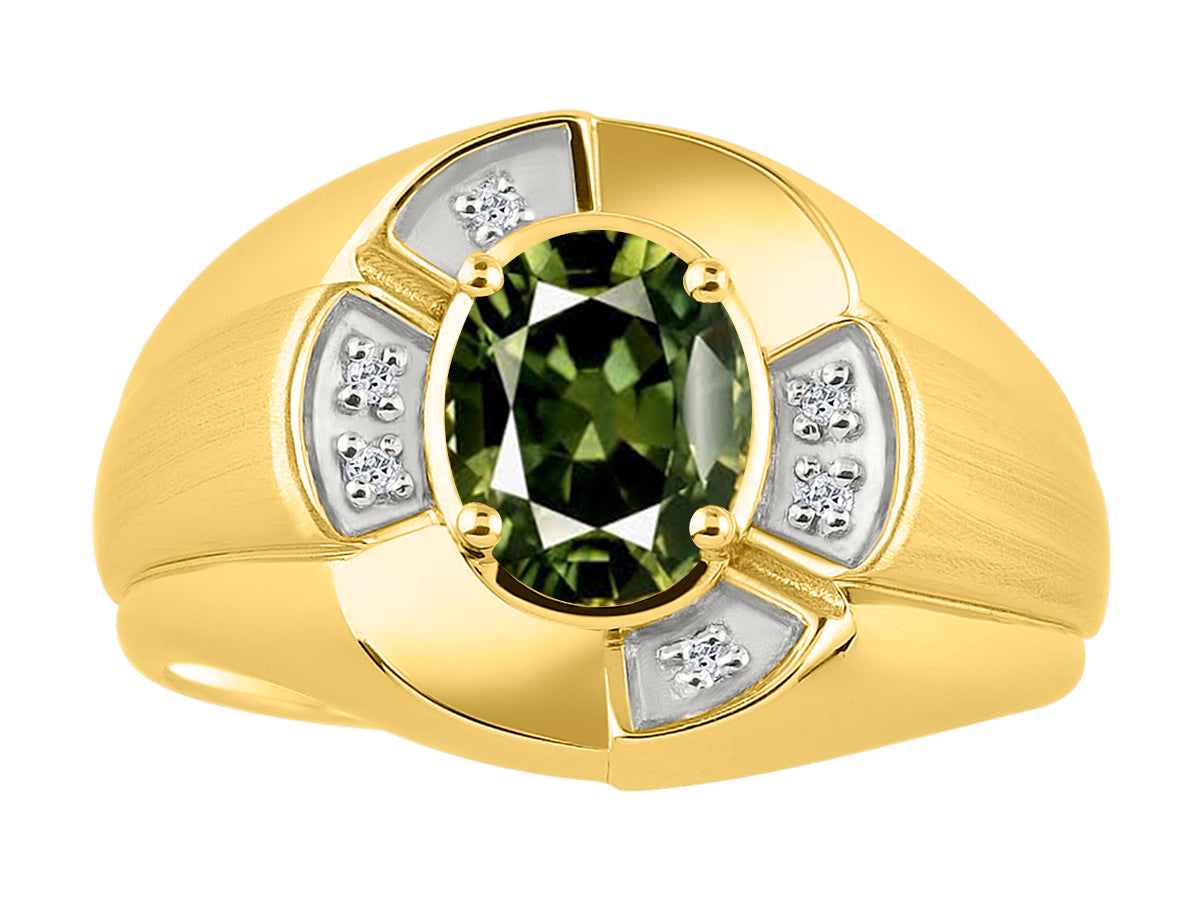 RYLOS Yellow Gold Plated Silver Men's & or Ladies Ring with 8X6MM Oval Gemstone & Diamonds - Unisex Color Stone Birthstone Ring Sizes 7-13
