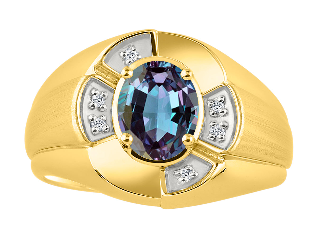 RYLOS Yellow Gold Plated Silver Men's & or Ladies Ring with 8X6MM Oval Gemstone & Diamonds - Unisex Color Stone Birthstone Ring Sizes 7-13