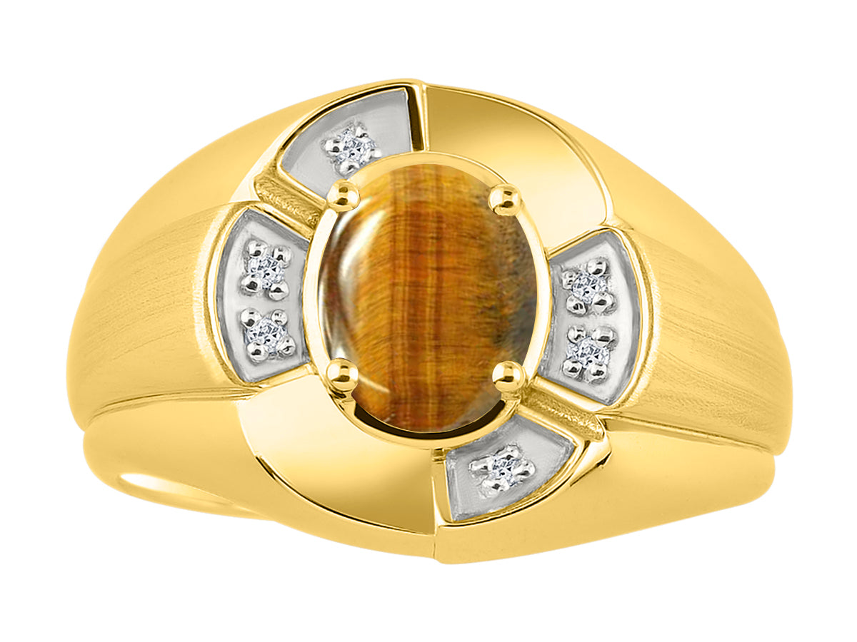 RYLOS Yellow Gold Plated Silver Men's & or Ladies Ring with 8X6MM Oval Gemstone & Diamonds - Unisex Color Stone Birthstone Ring Sizes 7-13