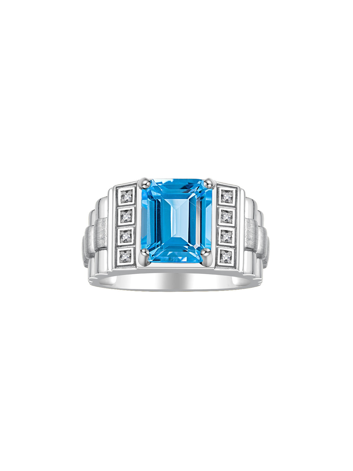 RYLOS Men's Rings 14K White Gold Designer Style 10X8MM Emerald Cut Shape Gemstone &  Diamonds - Color Stone Birthstone Rings for Men, Sizes 8-13.
