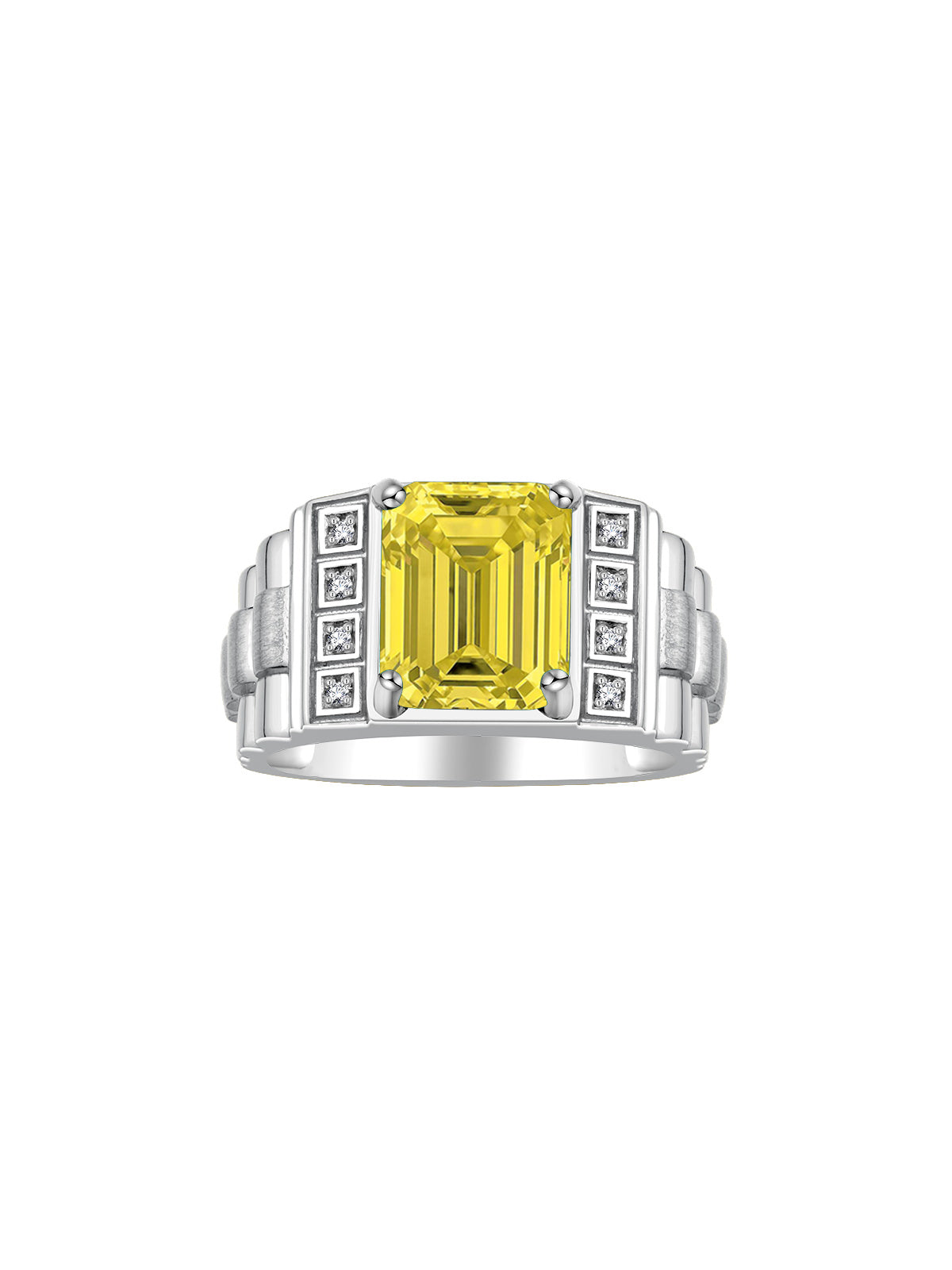 RYLOS Men's Rings 14K White Gold Designer Style 10X8MM Emerald Cut Shape Gemstone &  Diamonds - Color Stone Birthstone Rings for Men, Sizes 8-13.