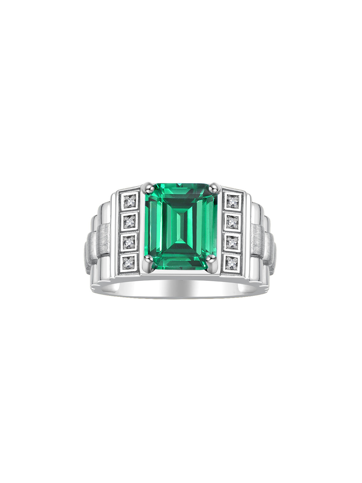 RYLOS Men's Rings 14K White Gold Designer Style 10X8MM Emerald Cut Shape Gemstone &  Diamonds - Color Stone Birthstone Rings for Men, Sizes 8-13.