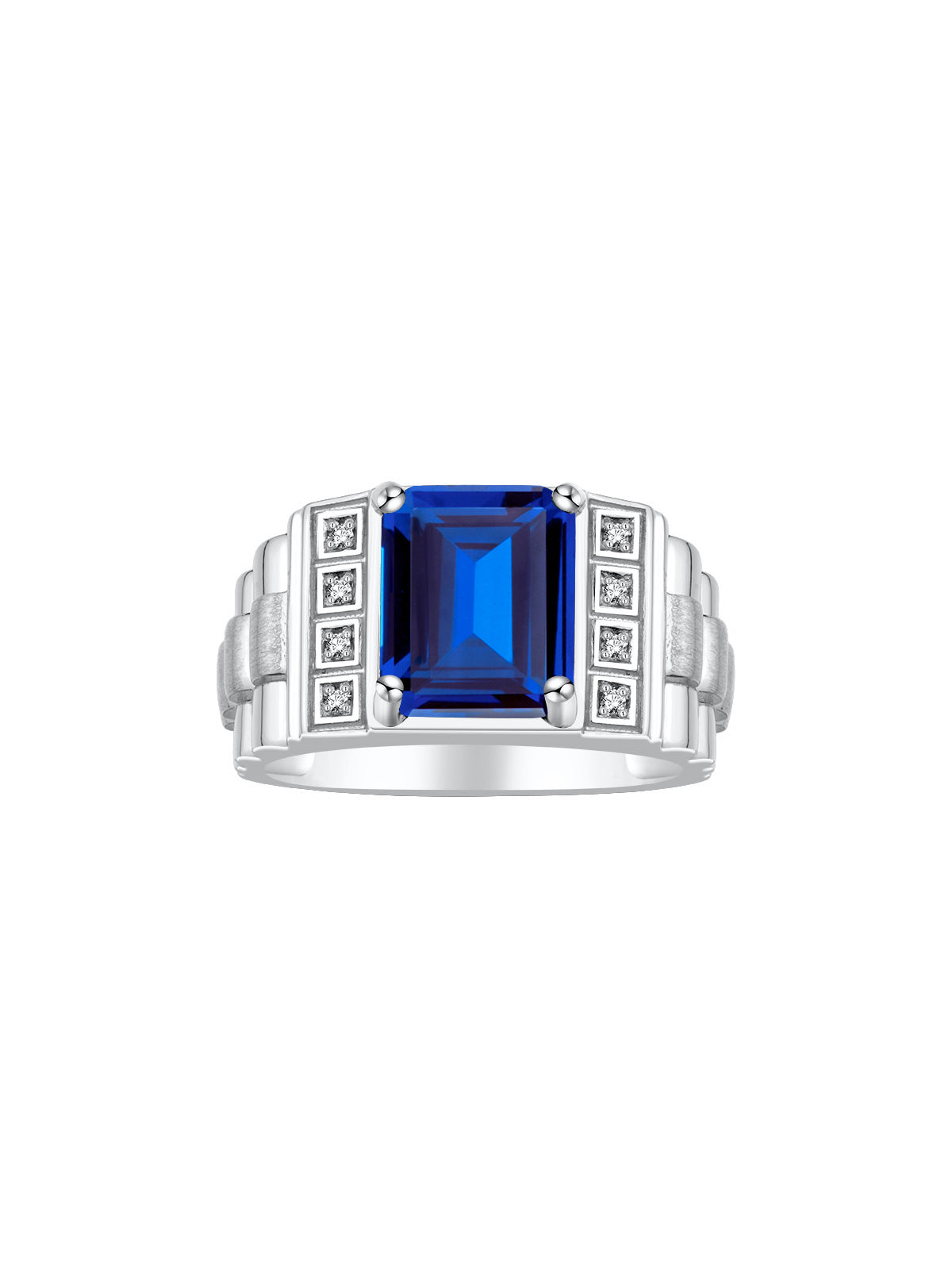 RYLOS Men's Rings 14K White Gold Designer Style 10X8MM Emerald Cut Shape Gemstone &  Diamonds - Color Stone Birthstone Rings for Men, Sizes 8-13.