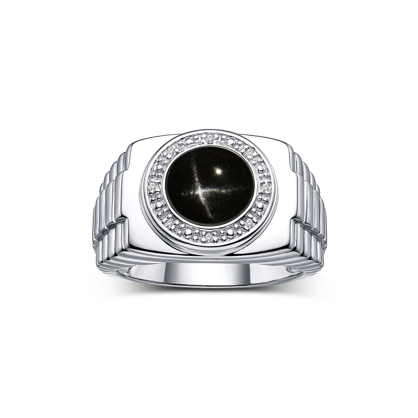 RYLOS Men's Rings 14K White Gold Ring: Round Shape Cabochon Gemstone & Diamonds - Designer Style Rings for Men, Sizes 8-13. Exquisite Men's Jewelry!