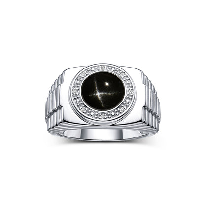 RYLOS Men's Rings 14K White Gold Ring: Round Shape Cabochon Gemstone & Diamonds - Designer Style Rings for Men, Sizes 8-13. Exquisite Men's Jewelry!