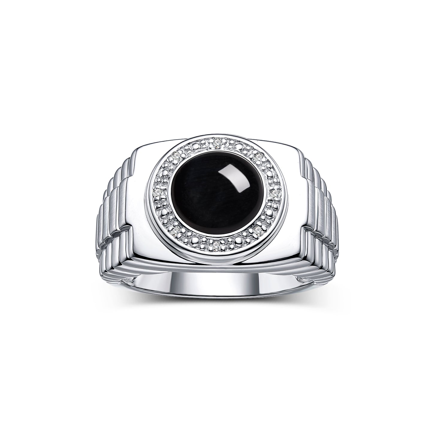 RYLOS Men's Rings 14K White Gold Ring: Round Shape Cabochon Gemstone & Diamonds - Designer Style Rings for Men, Sizes 8-13. Exquisite Men's Jewelry!