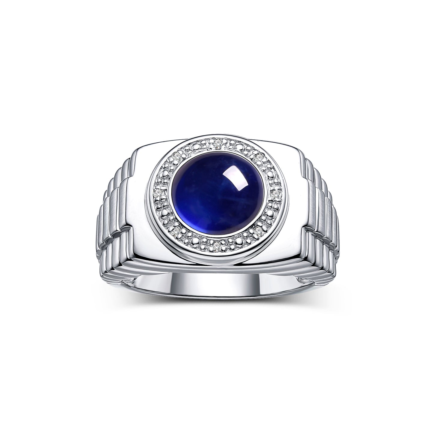 RYLOS Men's Rings 14K White Gold Ring: Round Shape Cabochon Gemstone & Diamonds - Designer Style Rings for Men, Sizes 8-13. Exquisite Men's Jewelry!