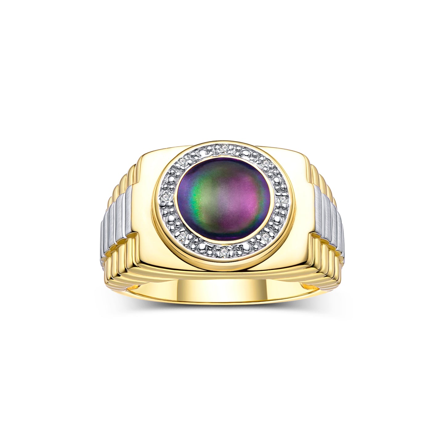 RYLOS Men's Rings: Round Shape Cabochon Gemstone & Diamonds - Designer Style Rings for Men, Yellow Gold Plated Silver Ring in Sizes 8-13. Men's Jewelry!