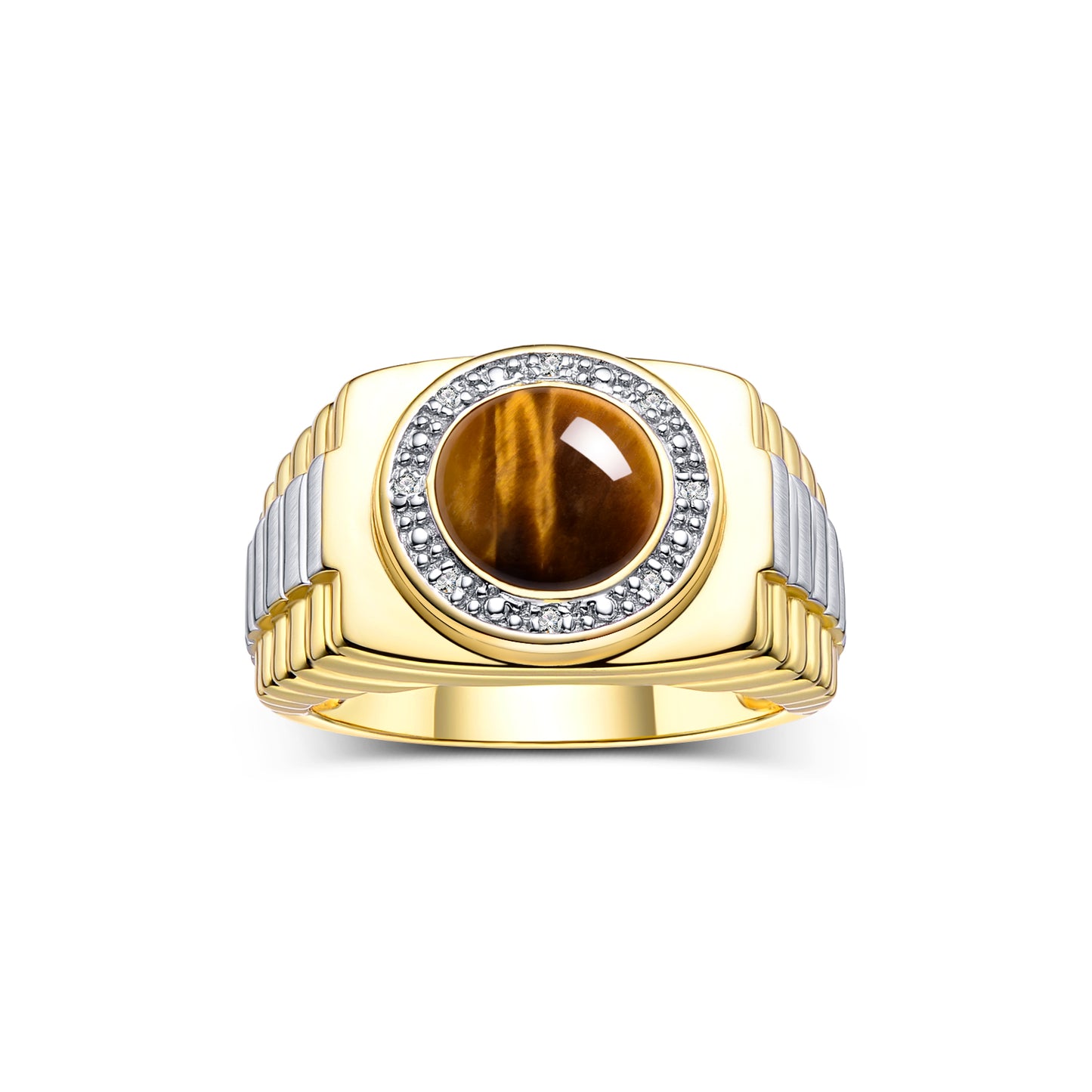 RYLOS Men's Rings 14K Yellow Gold Ring: Round Shape Cabochon Gemstone & Diamonds - Designer Style Rings for Men, Sizes 8-13. Exquisite Men's Jewelry!